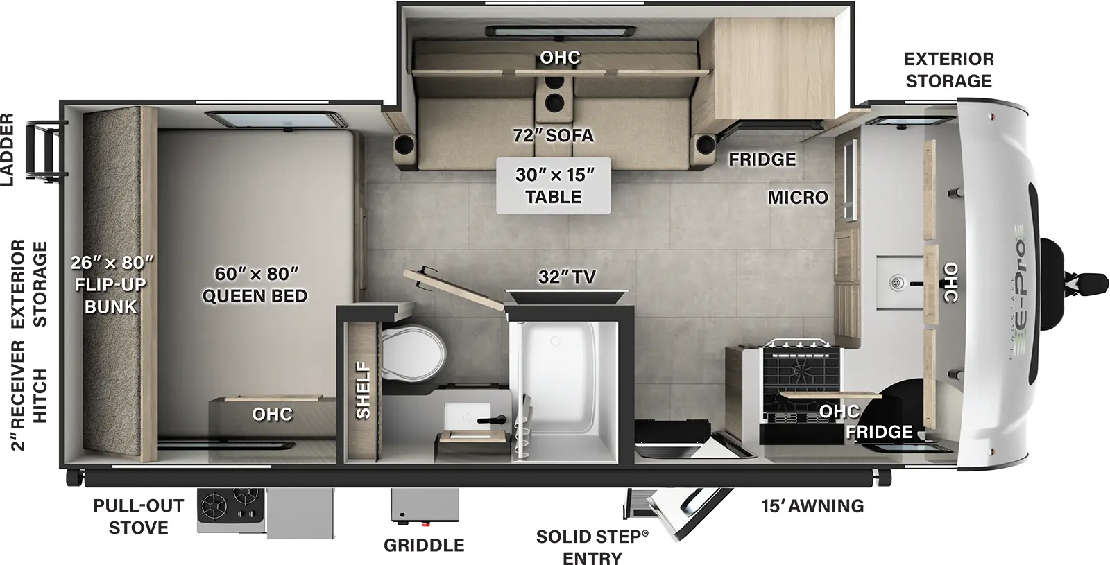 The Flagstaff E-Pro E20FK floorplan has one entry and one slide out. Exterior features include: fiberglass exterior, 15' awning and outside kitchen. Interiors features include: bunk beds, front kitchen and rear bedroom.